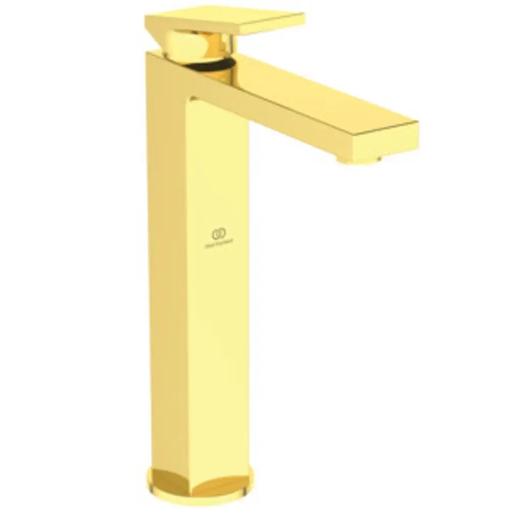 Waschtischarmatur in gebürstetem Gold, hergestellt von Ideal Standard. Vertikale, rechteckige Form mit abgerundeten Kanten und einem flachen Hebel zur Wassersteuerung.